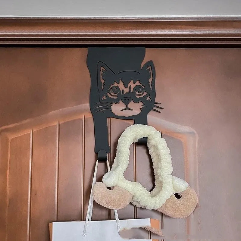 Black iron decorative cat wall hook with punch-free mounting system for accessories