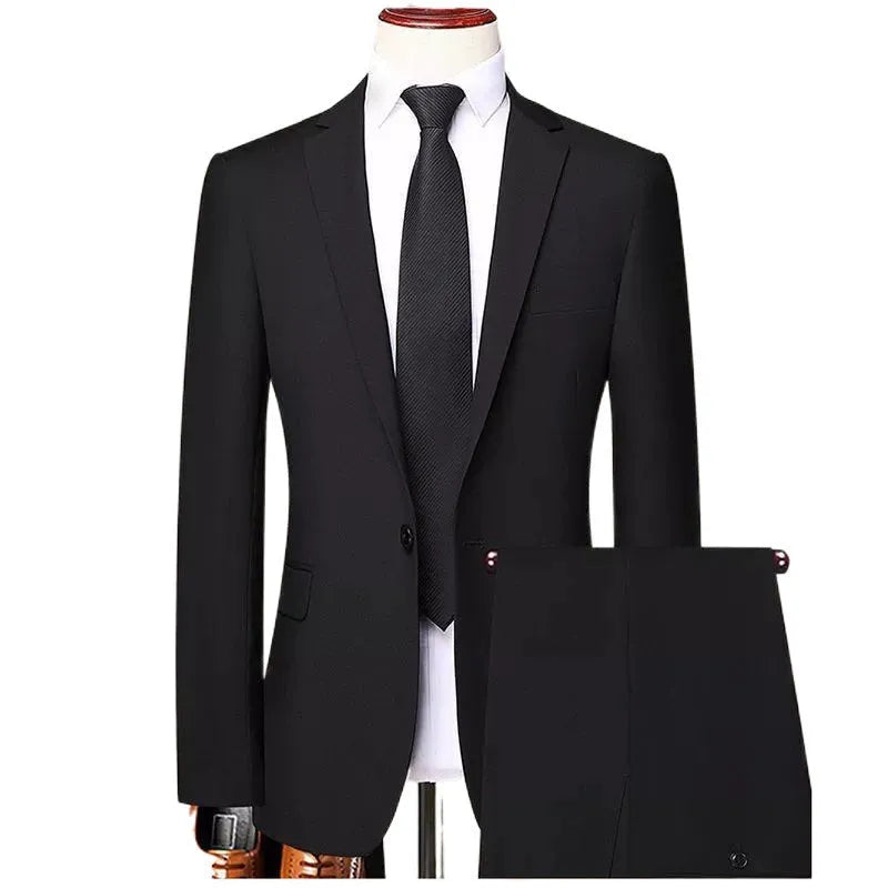 Men's three-piece Korean style slim fit business suit set in black, grey or Tibetan blue with trousers and tie
