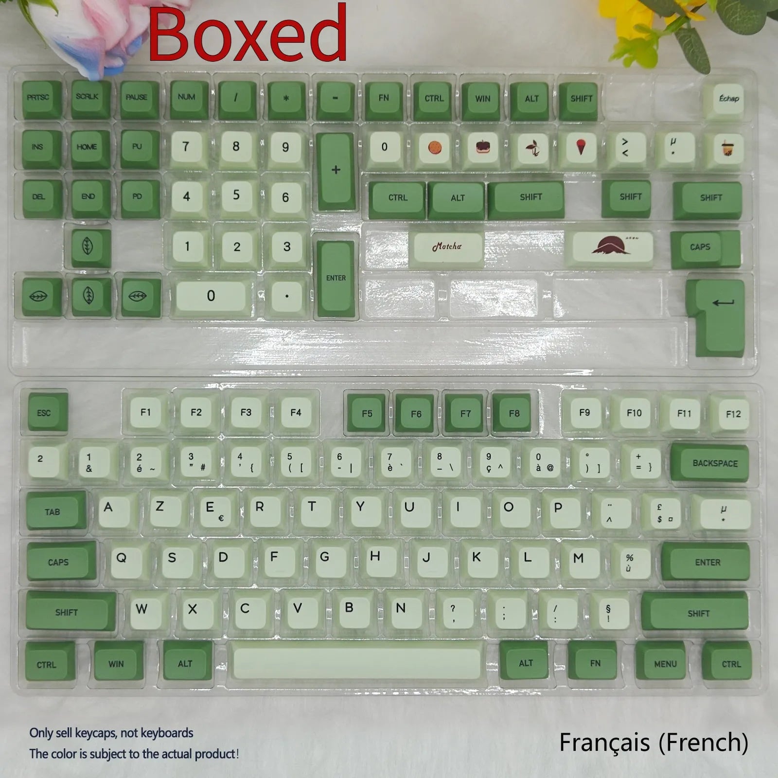 124-key matcha green PBT keycap set showing multiple international language layouts including Arabic and Korean.