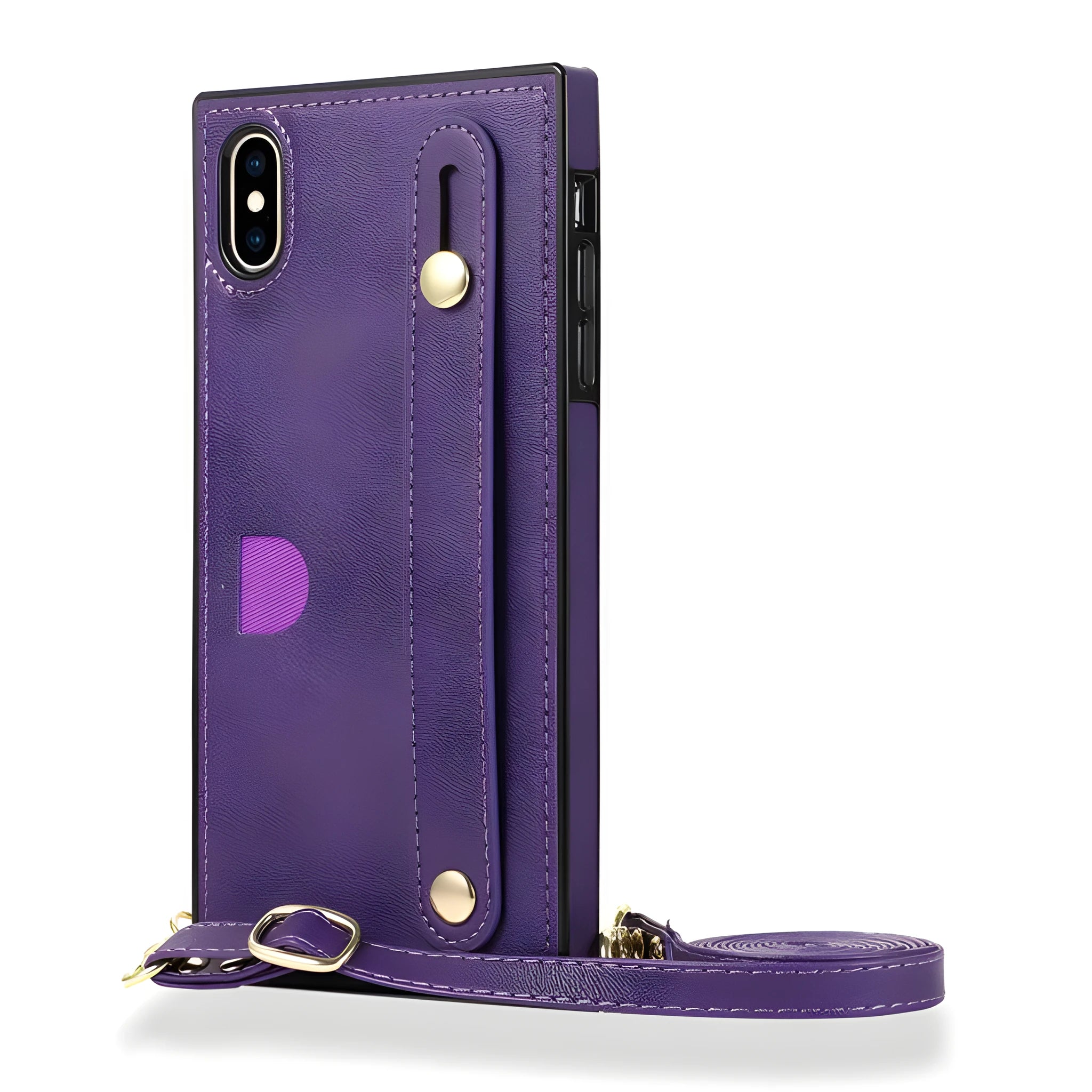 Leather iPhone case with card slot and attached wristband holster in multiple colours.