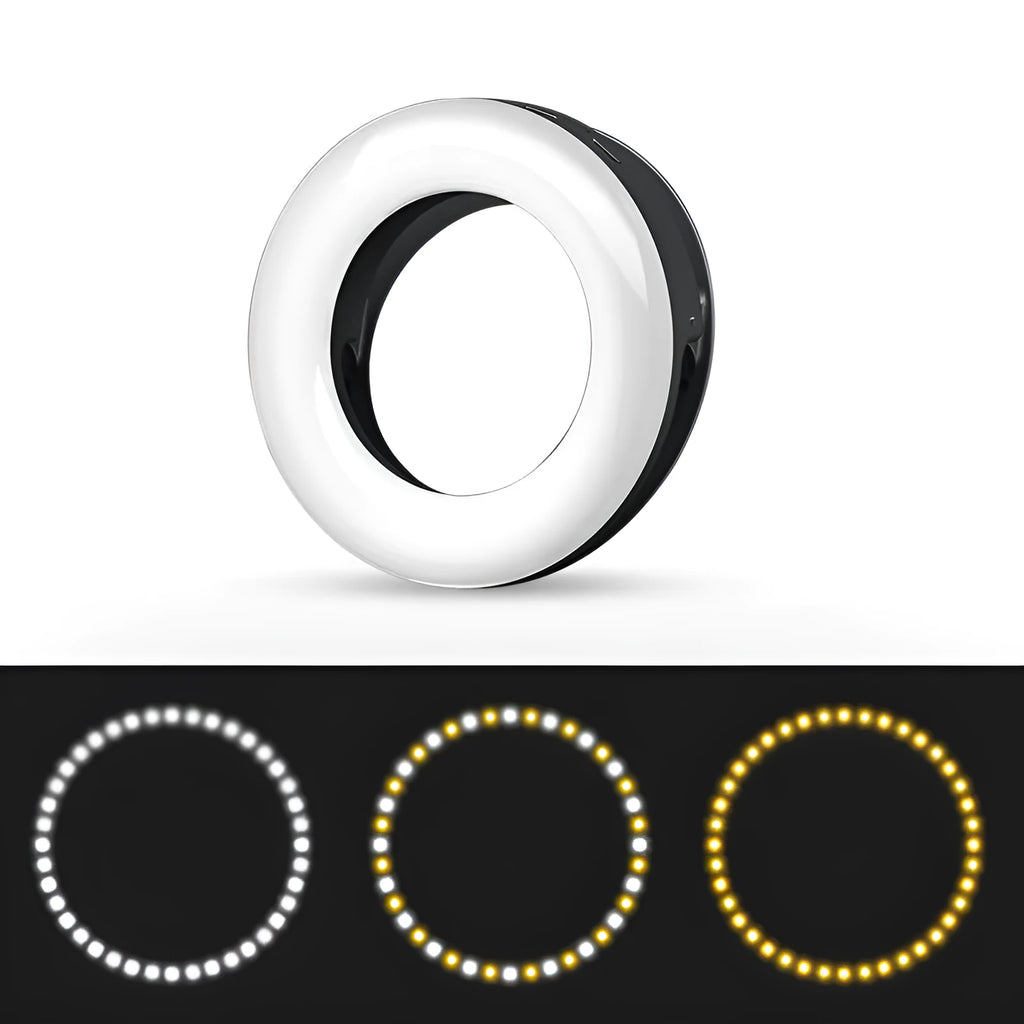 Black LED selfie ring light for mobile phones with USB cable, shown next to a smartphone.