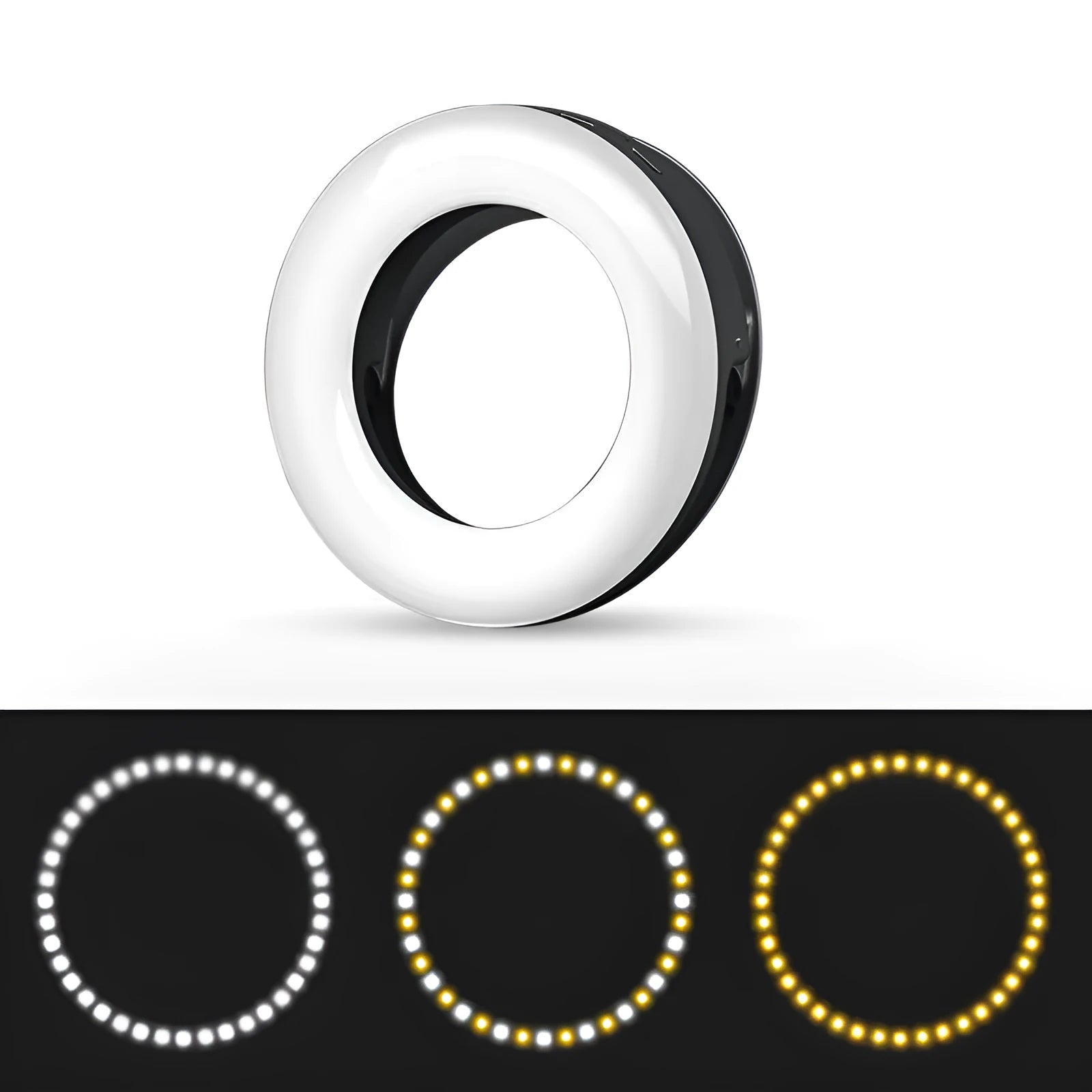 Black LED selfie ring light for mobile phones with USB cable, shown next to a smartphone.