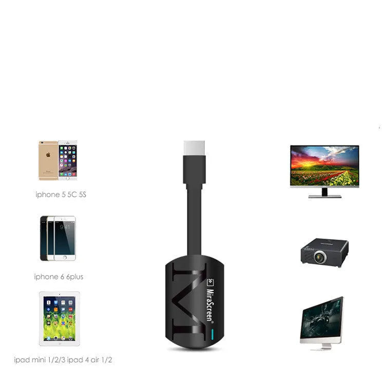 Small black USB TV dongle for HDMI smartphone screen mirroring and HD video playback.