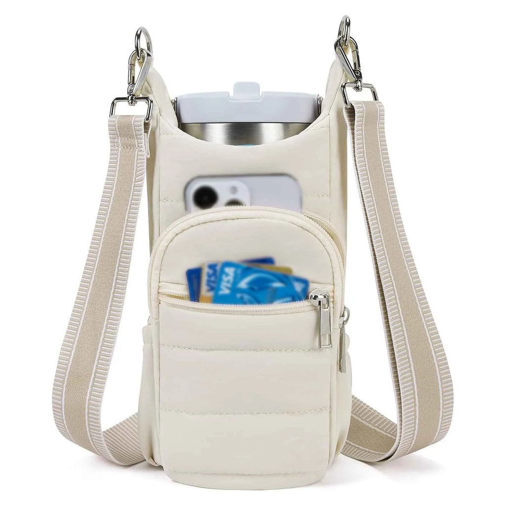 Cloth water bottle holder bag for bicycles in beige, black, and pink colour options.
