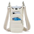 Cloth water bottle holder bag for bicycles in beige, black, and pink colour options.