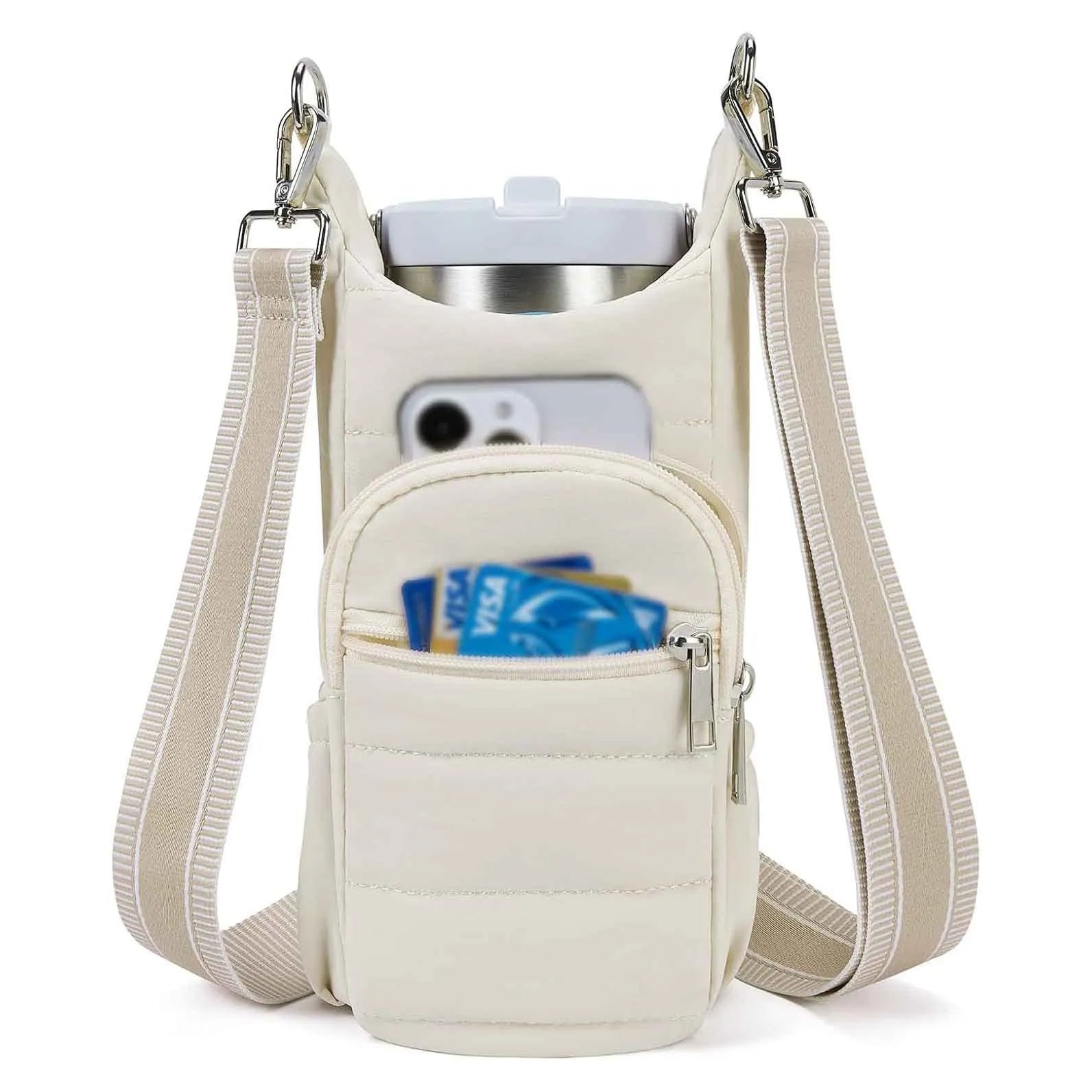 Cloth water bottle holder bag for bicycles in beige, black, and pink colour options.