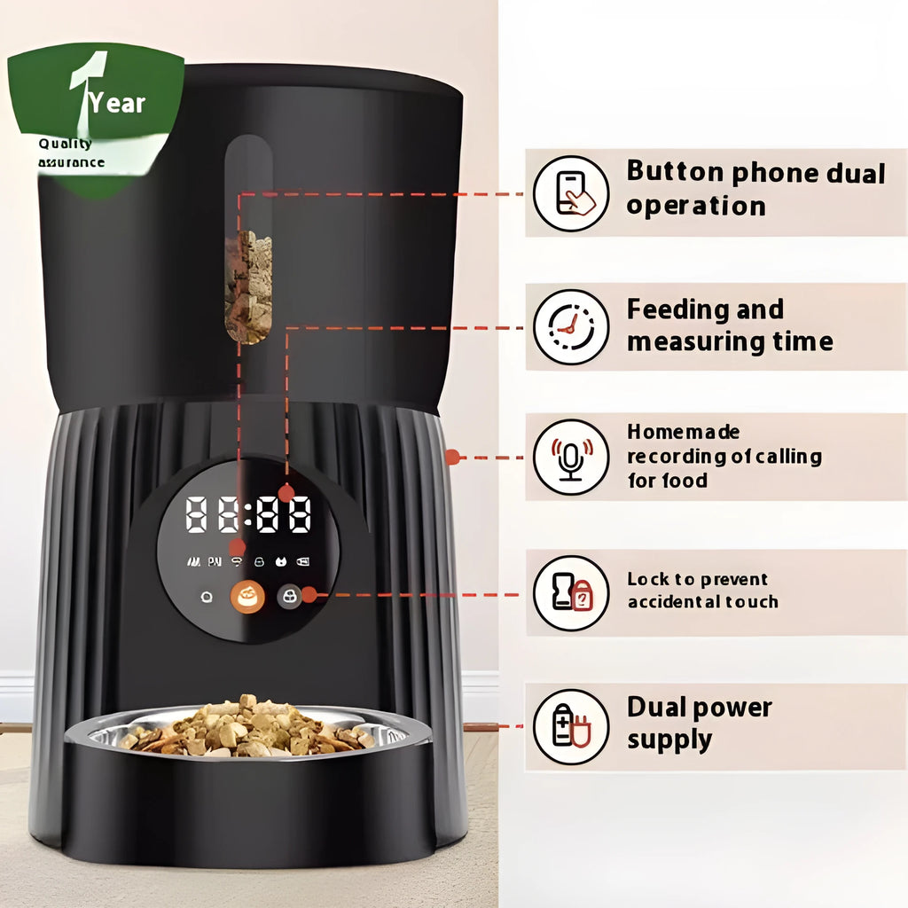 Black and white automatic pet feeder with digital timer and USB cable for remote, portion-controlled feeding.