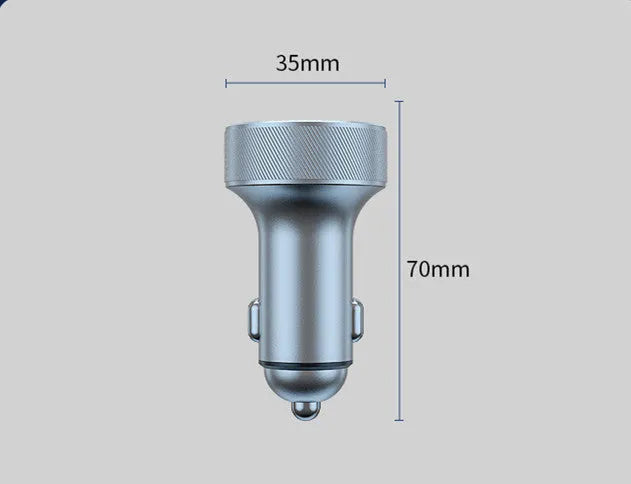 Black aluminium alloy car charger with digital display showing voltage reading, featuring USB-C ports and cigarette lighter socket