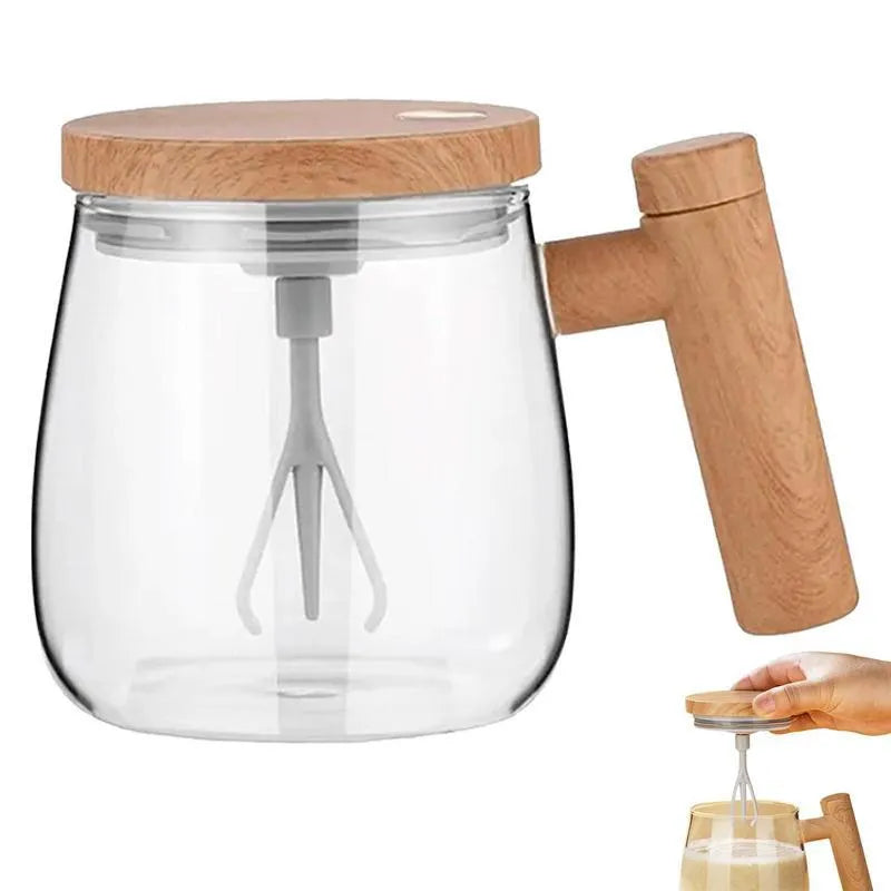 Clear borosilicate glass self-stirring coffee mug with button on base, 400ml capacity