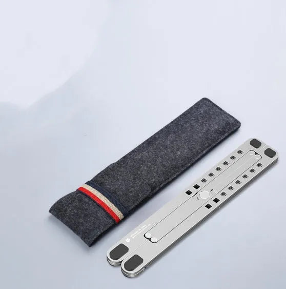 Aluminium foldable laptop stand in silver colour, shown open at an angle and folded flat.