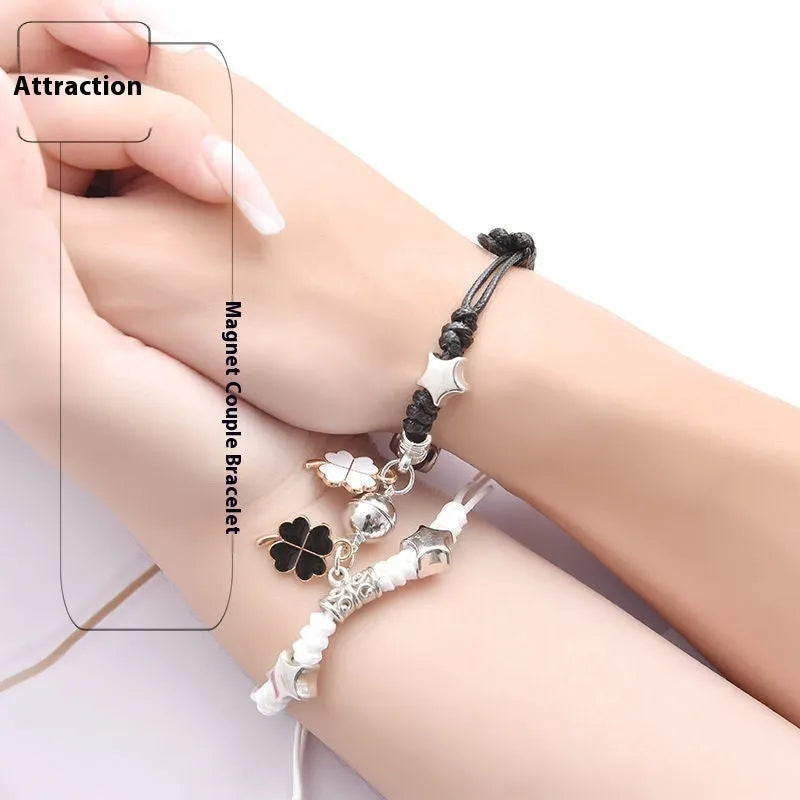 Magnetic couple bracelets with alloy electroplated finish showing multiple design styles including love locks and crown patterns