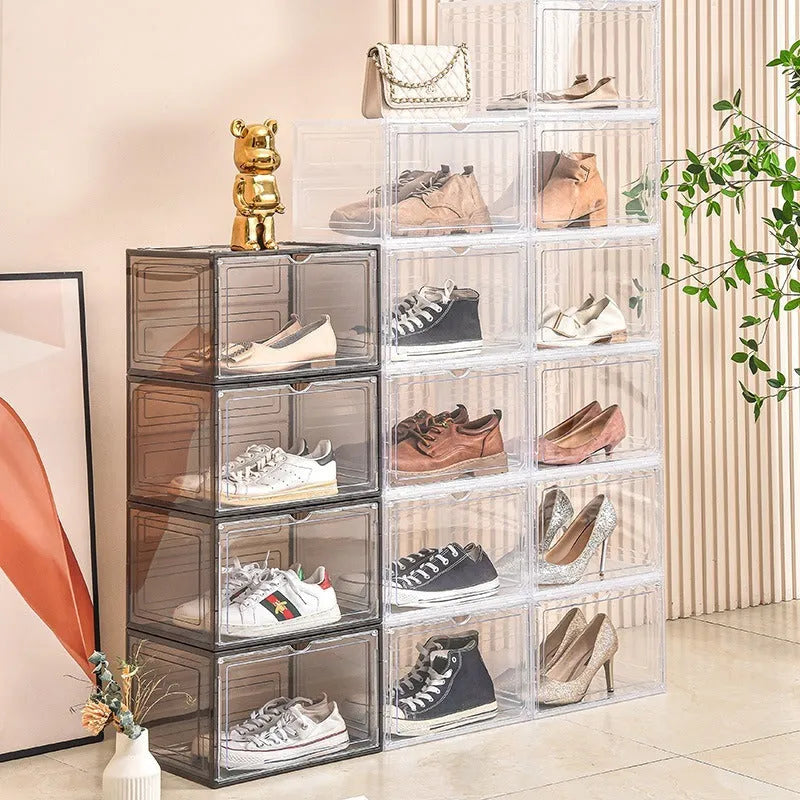 Large transparent acrylic shoe storage box with magnetic side door showing interior shoe storage
