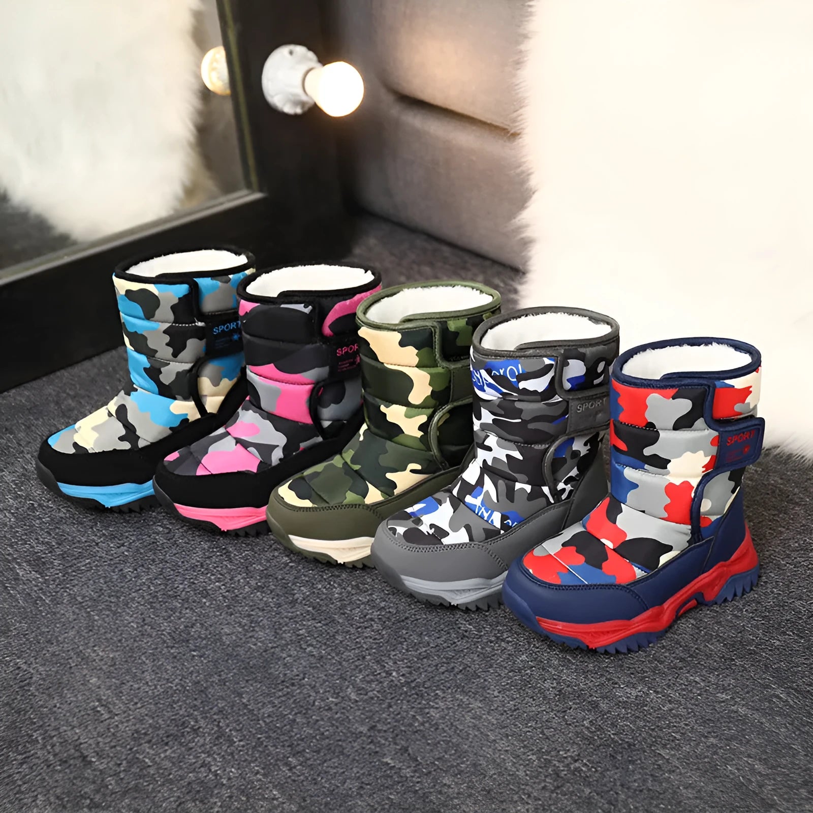 Children's high-top cotton boots in camouflage colour with hook-and-loop strap