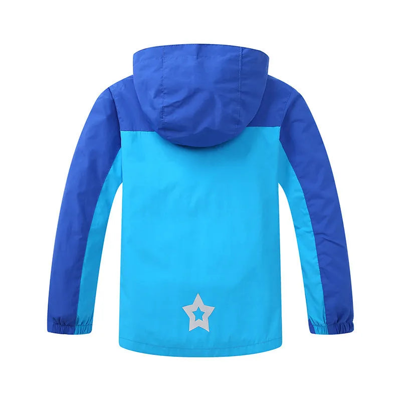 Boys' blue sanded acetate fibre autumn jacket with long sleeves and front zip.