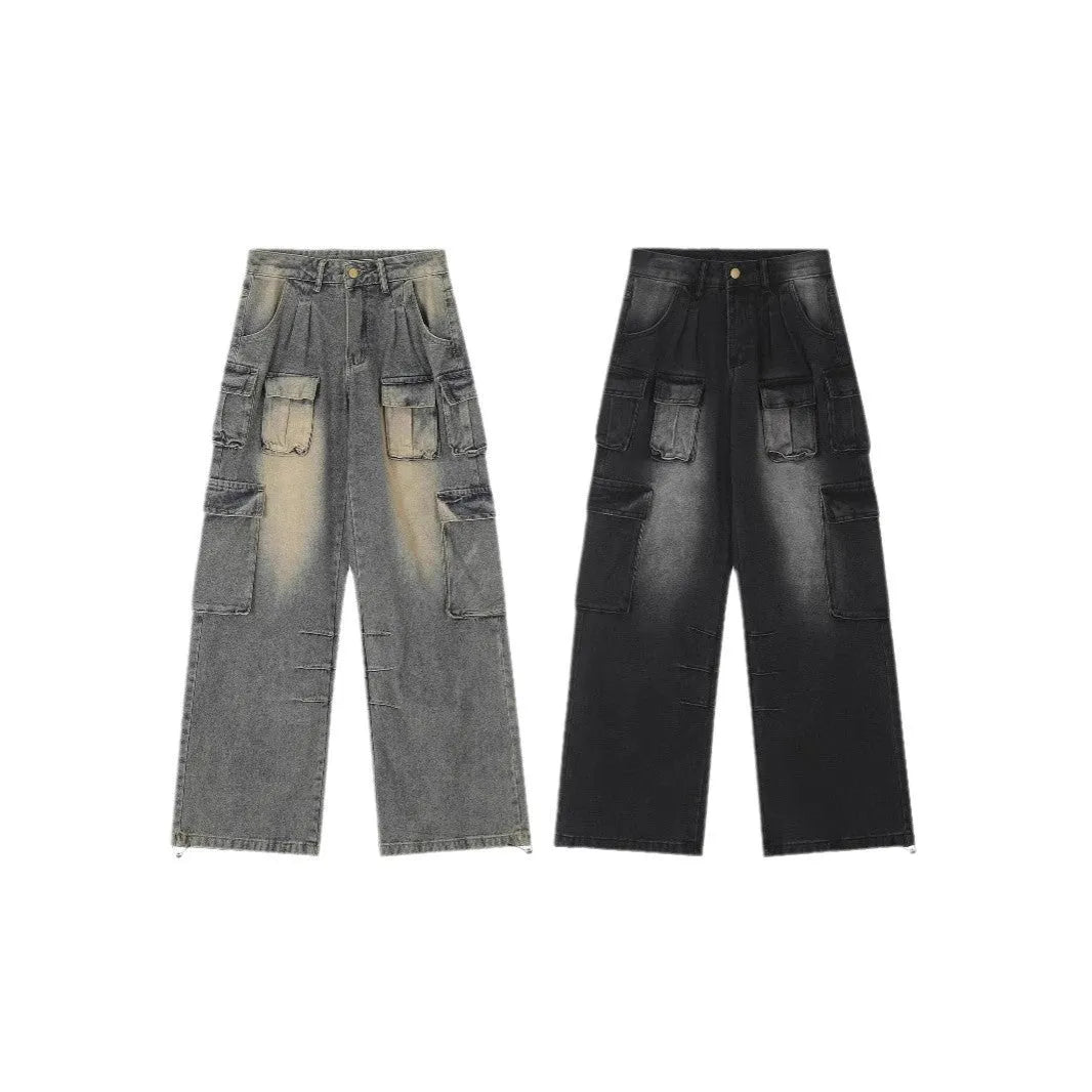 Men's light blue loose-fit distressed denim jeans with multiple pockets and straight-leg cut
