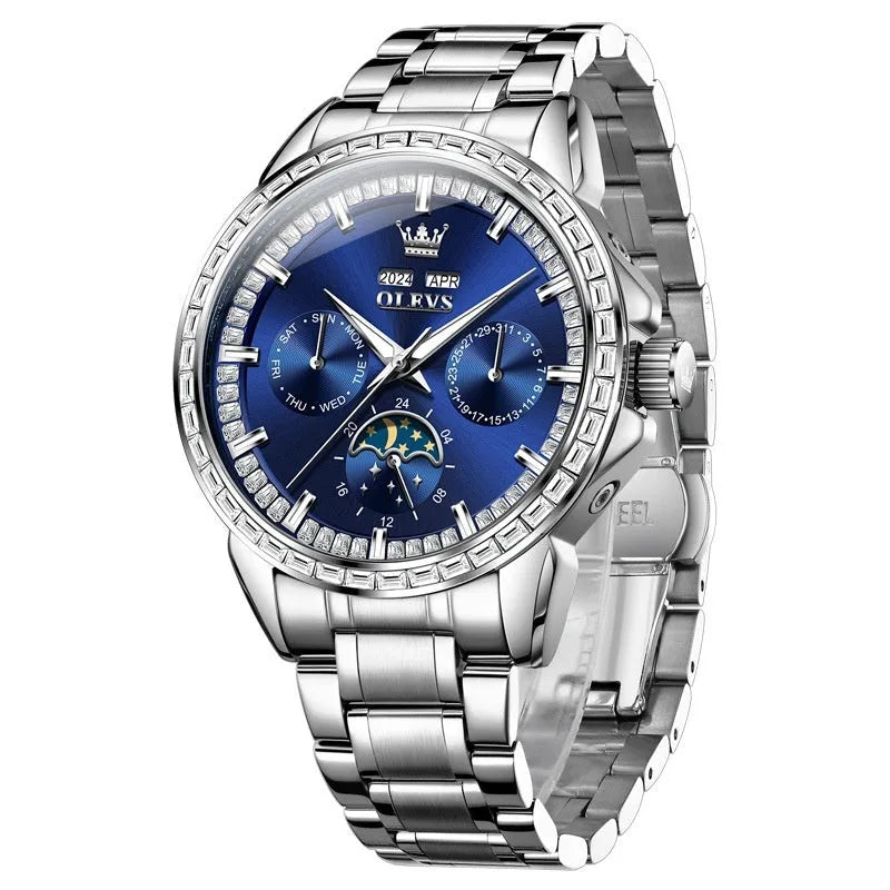 Men's stainless steel automatic watch with blue dial and exhibition caseback showing mechanical movement
