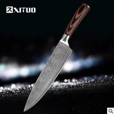 Stainless steel kitchen chef knife with laser Damascus pattern on blade and coloured wood handle.