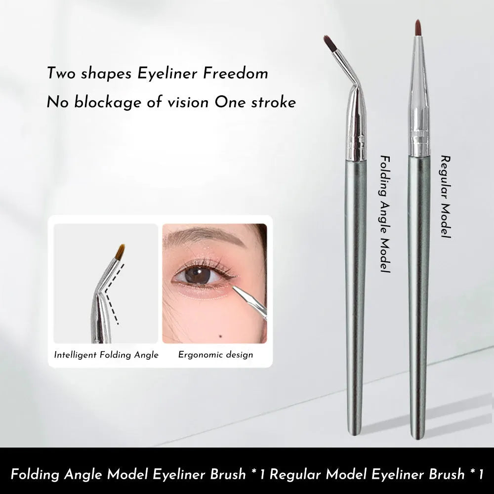 Angled bend head eyeliner brush with fine synthetic bristles and wooden handle for detail makeup.