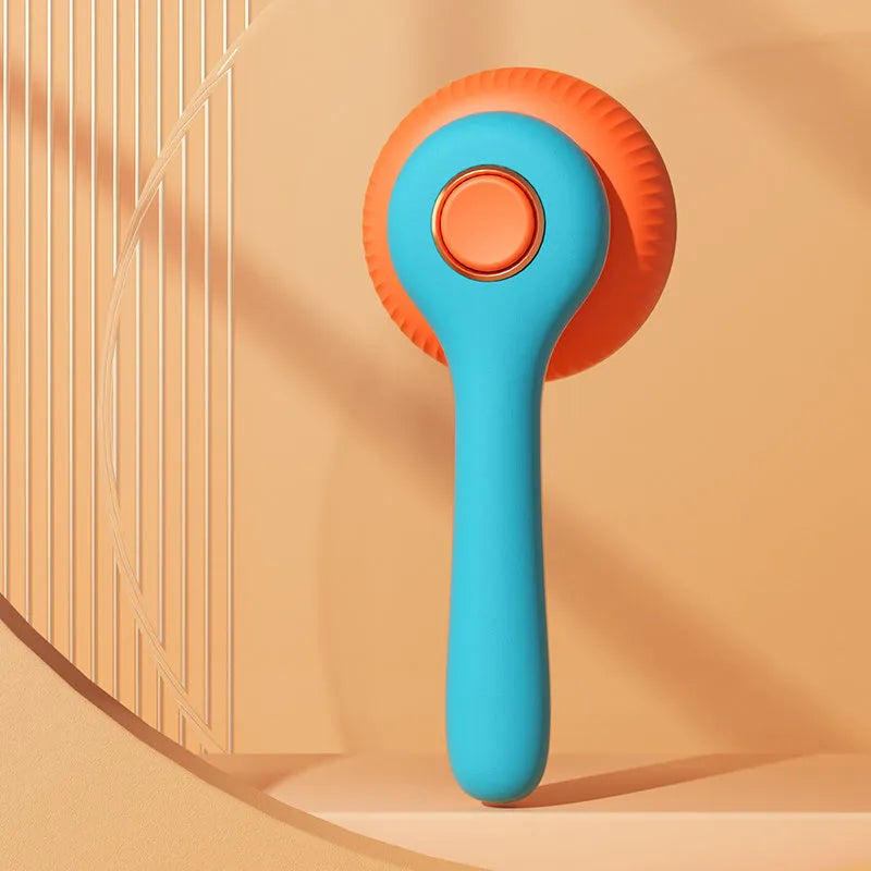 Blue and white self-cleaning pet grooming brush with massage slicker comb for cats and dogs.