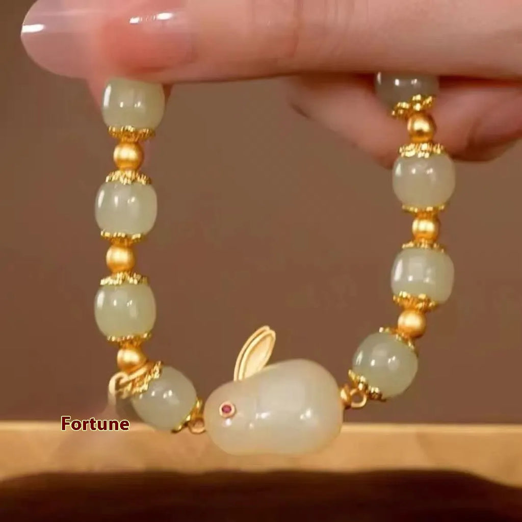 Green electroplated Jade Hare bracelet with Chinese Zodiac animal design for women.