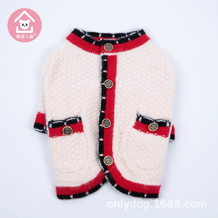 Blue knitted wool blend cardigan sweater for a dog, showing classic Bejirog style and cardigan opening.