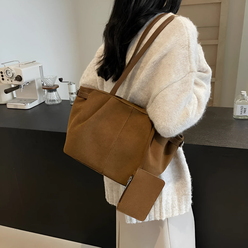 Suede casual commute handbag in brown, horizontal square shape, 36x12x21cm, with double shoulder straps and sewing line detail