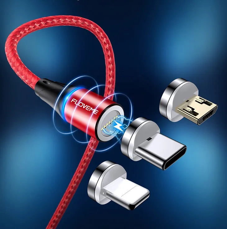 Black magnetic charging cable with LED light indicator for Apple and Android smartphones