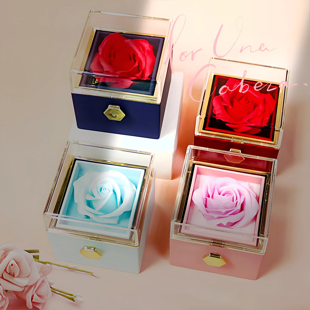 Rotating drawer jewellery gift box with red preserved rose under clear acrylic dome, showing open compartment.