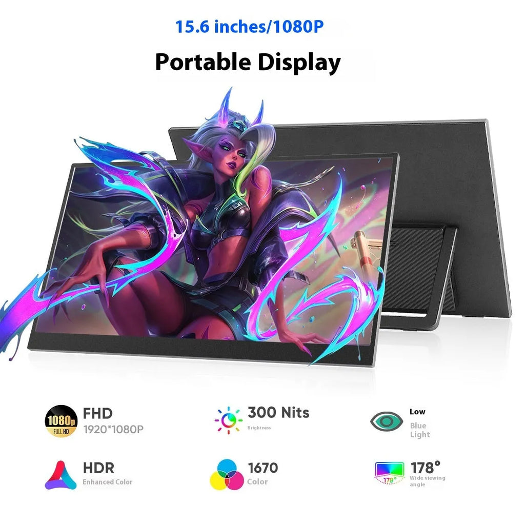 15.6-inch black portable monitor with adjustable stand, showing Full HD display connected to laptop