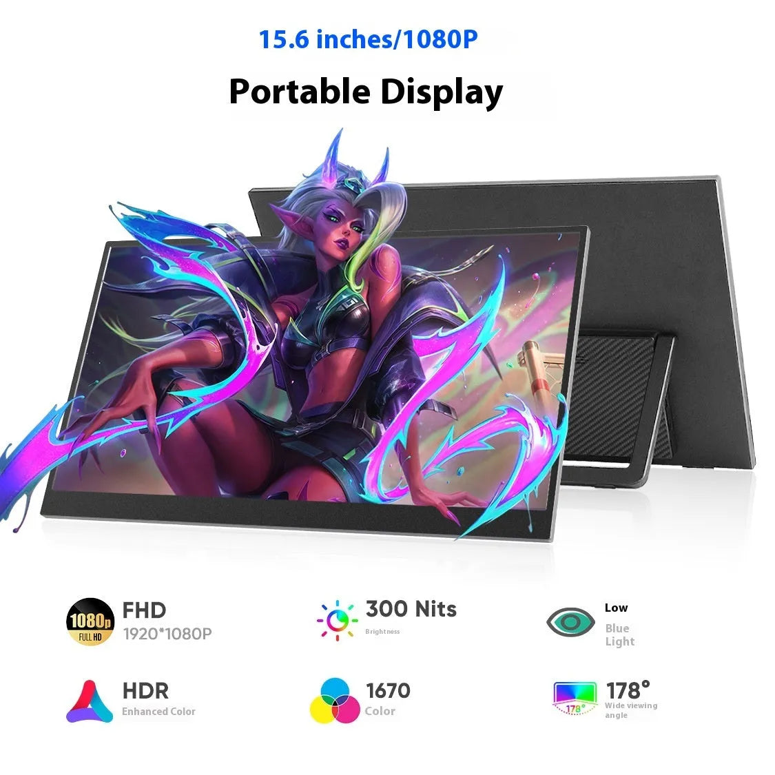 15.6-inch black portable monitor with adjustable stand, showing Full HD display connected to laptop