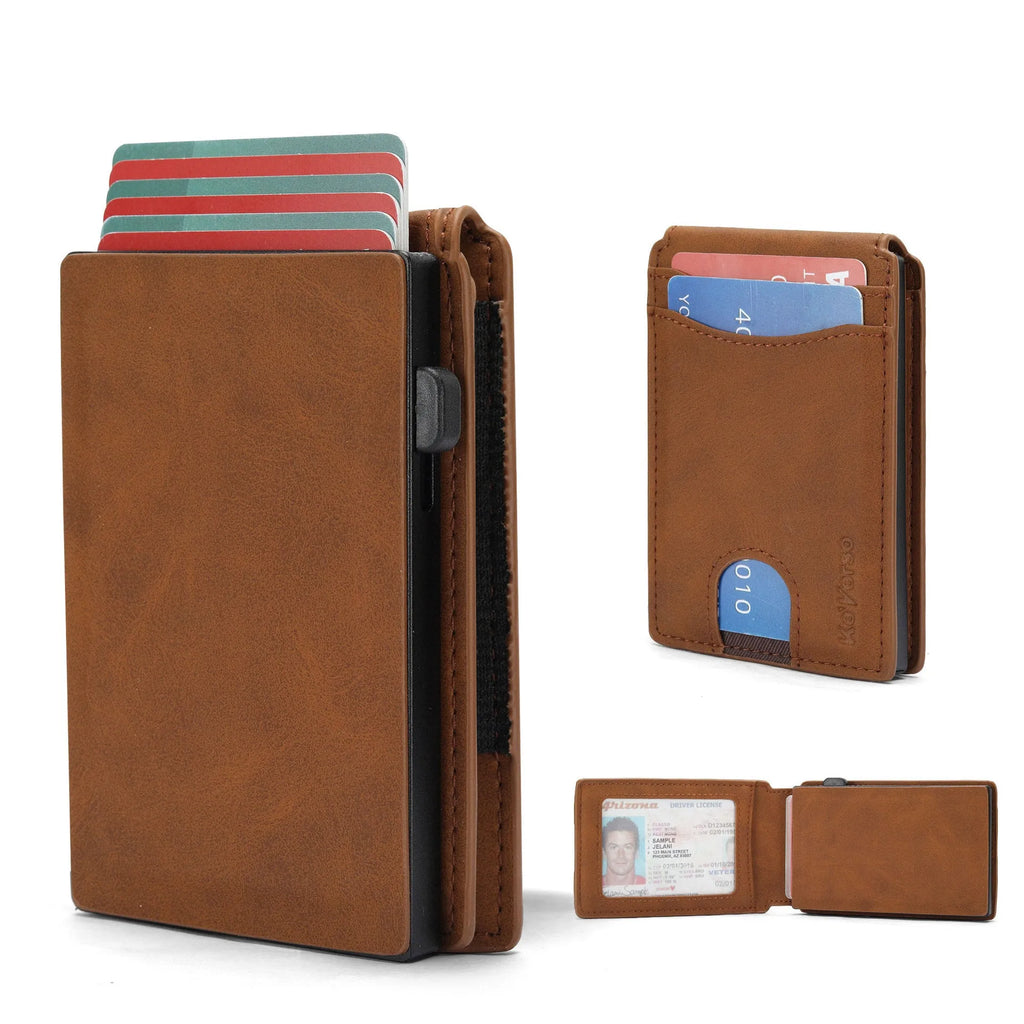 Men's microfiber card holder wallet in black, dark brown, or light brown colour options.