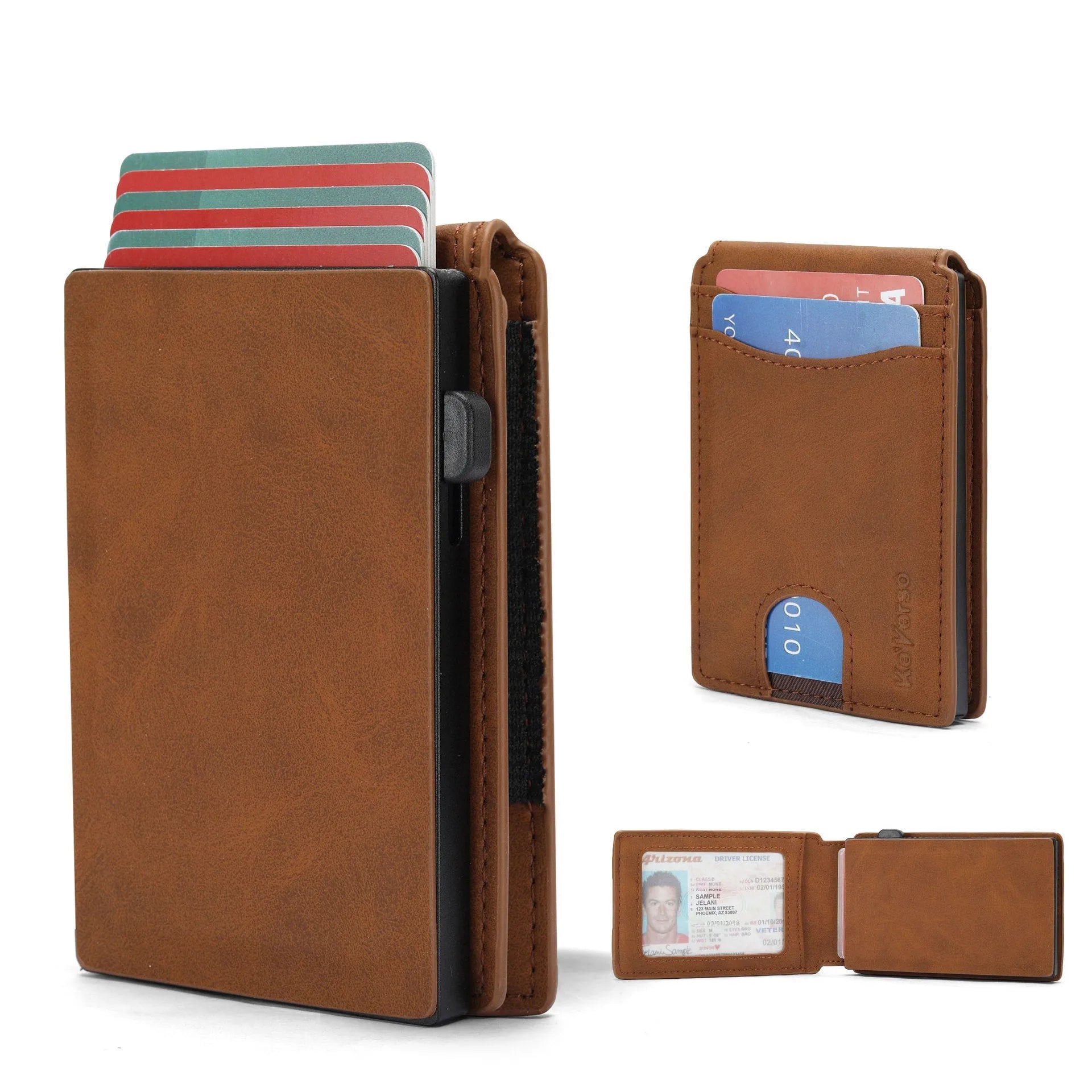 Men's microfiber card holder wallet in black, dark brown, or light brown colour options.