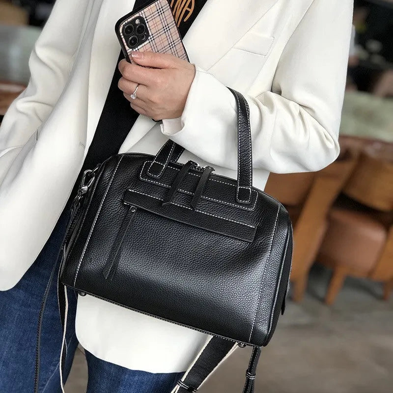 First layer cowhide leather messenger bag with lychee pattern texture and multiple internal compartments