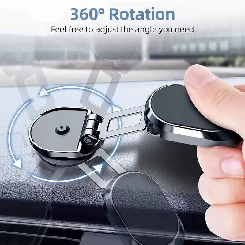 Chrome magnetic car phone holder with foldable bracket on a dashboard