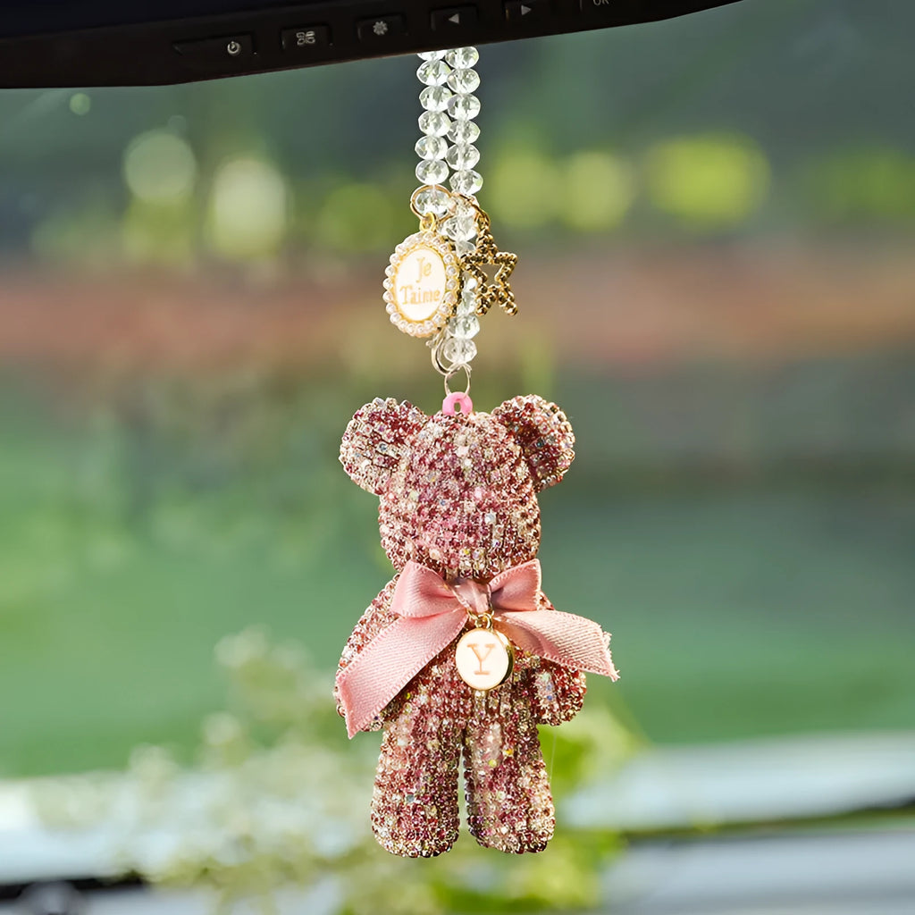 Violent Bear character car rearview mirror pendant with sparkling rhinestones on a black background.