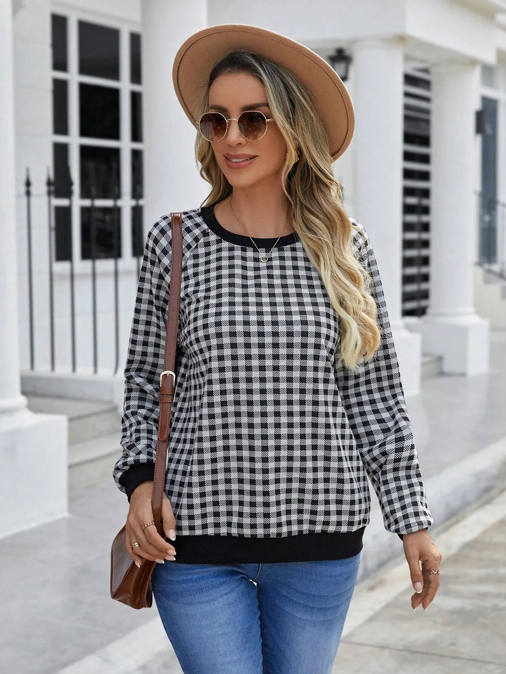 Black Japanese plaid pattern pullover sweater with long sleeves and printed stripes
