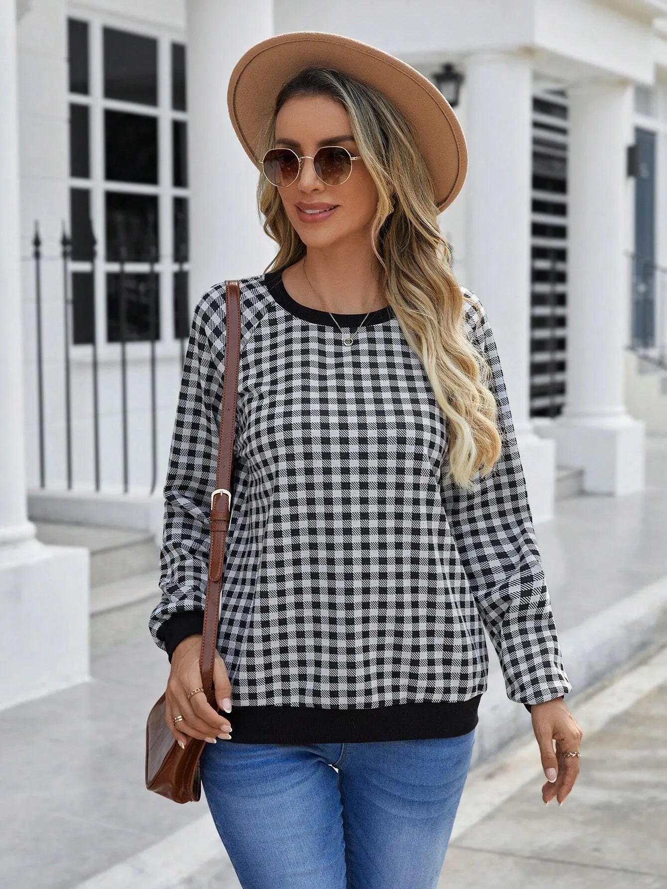 Black Japanese plaid pattern pullover sweater with long sleeves and printed stripes
