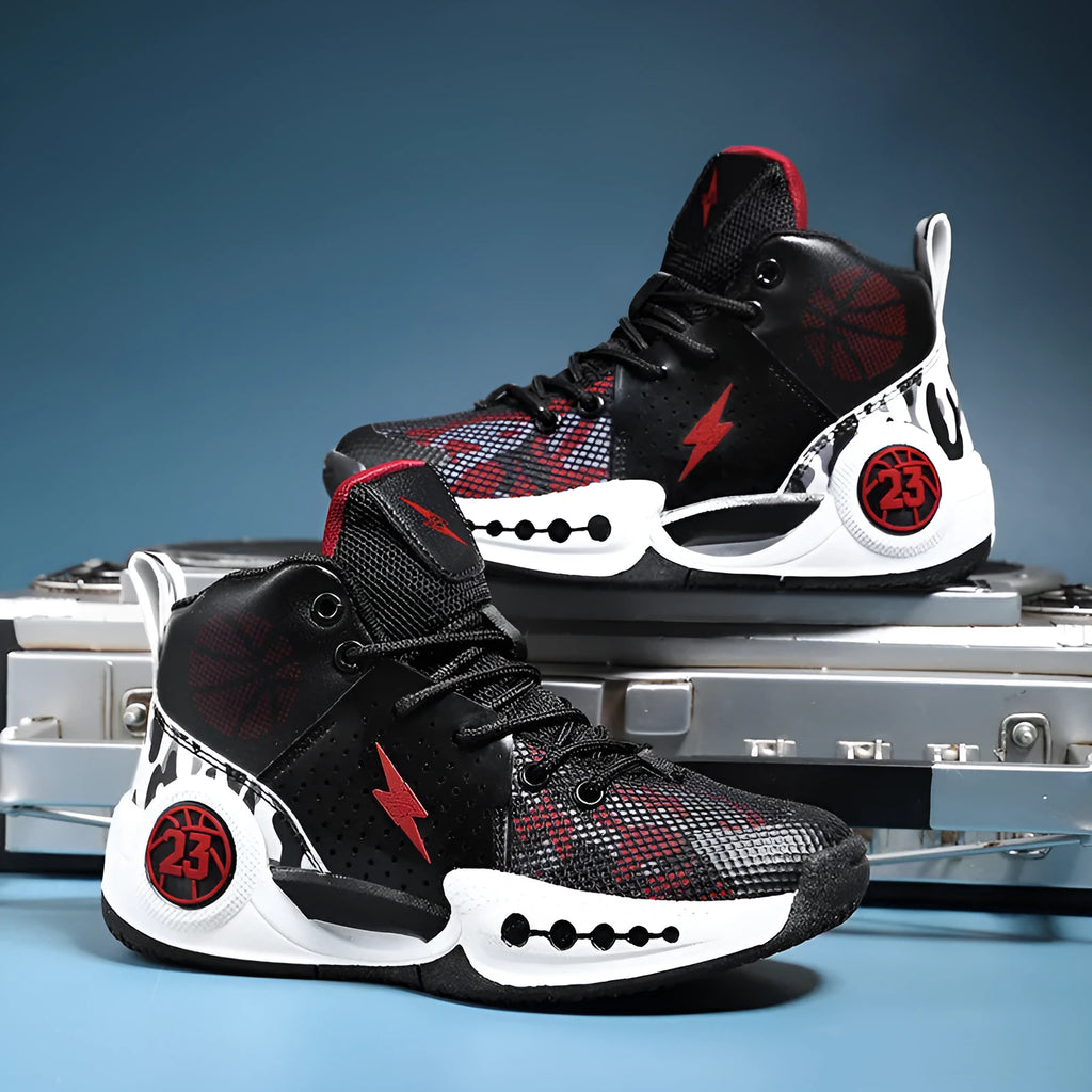 Children's mesh non-slip basketball shoes black red white with rubber sole