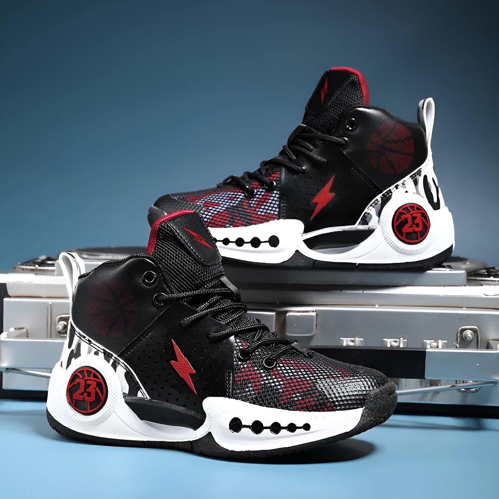 Children's mesh non-slip basketball shoes black red white with rubber sole
