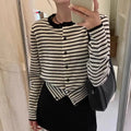 Dark grey and white striped women's cardigan coat with long sleeves and a slim fit.