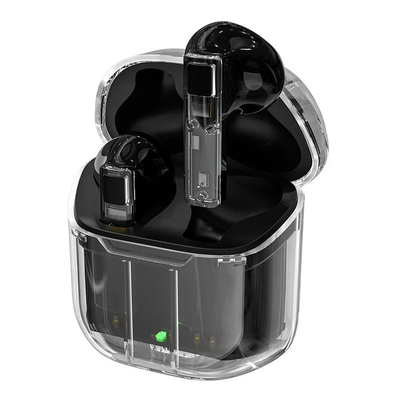 YX06 transparent case wireless TWS earbuds in white, black, green, or orange colours.