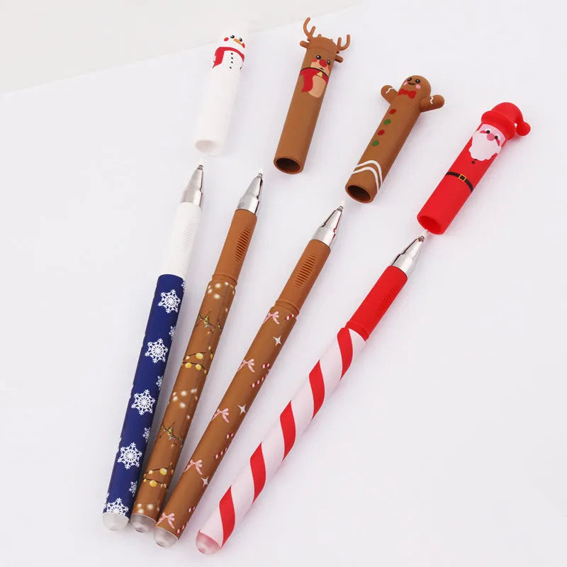 Set of 4 Christmas-themed erasable gel pens with 0.5mm fine tip in red, black, green, and blue
