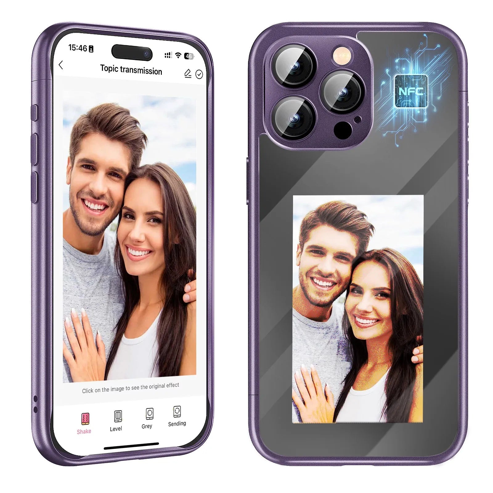 iPhone 15 Pro flip phone case with NFC ink screen in black and purple colour options