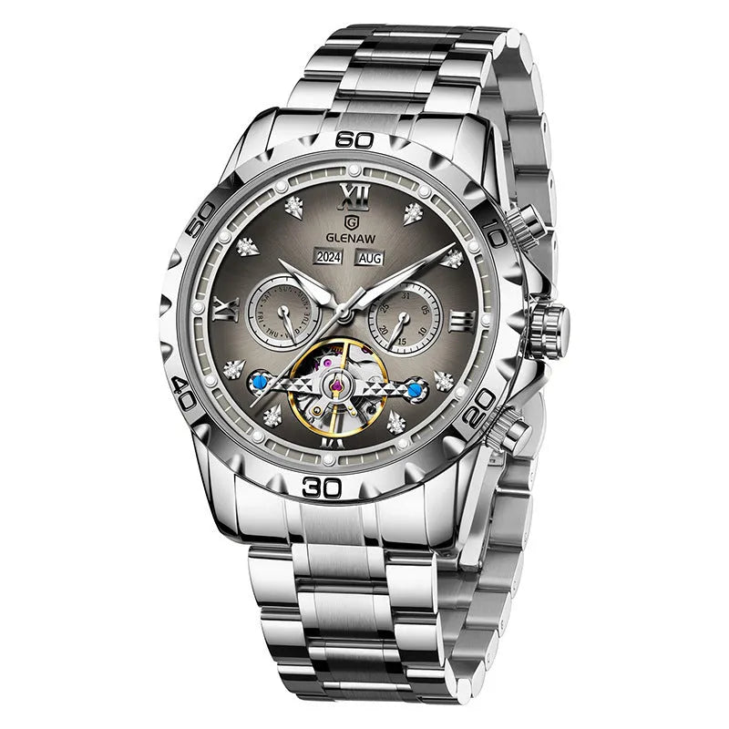 Men's automatic mechanical watch with silver case, grey dial, and stainless steel band.