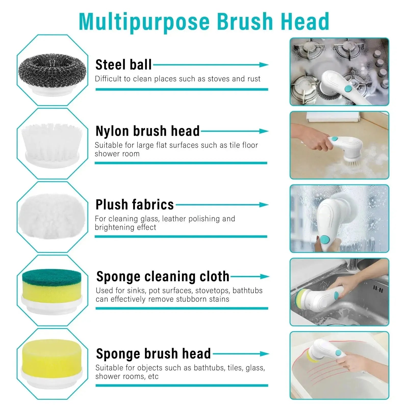 White cordless electric handheld scrubber with five attached brush heads on a table next to a USB charging cable.