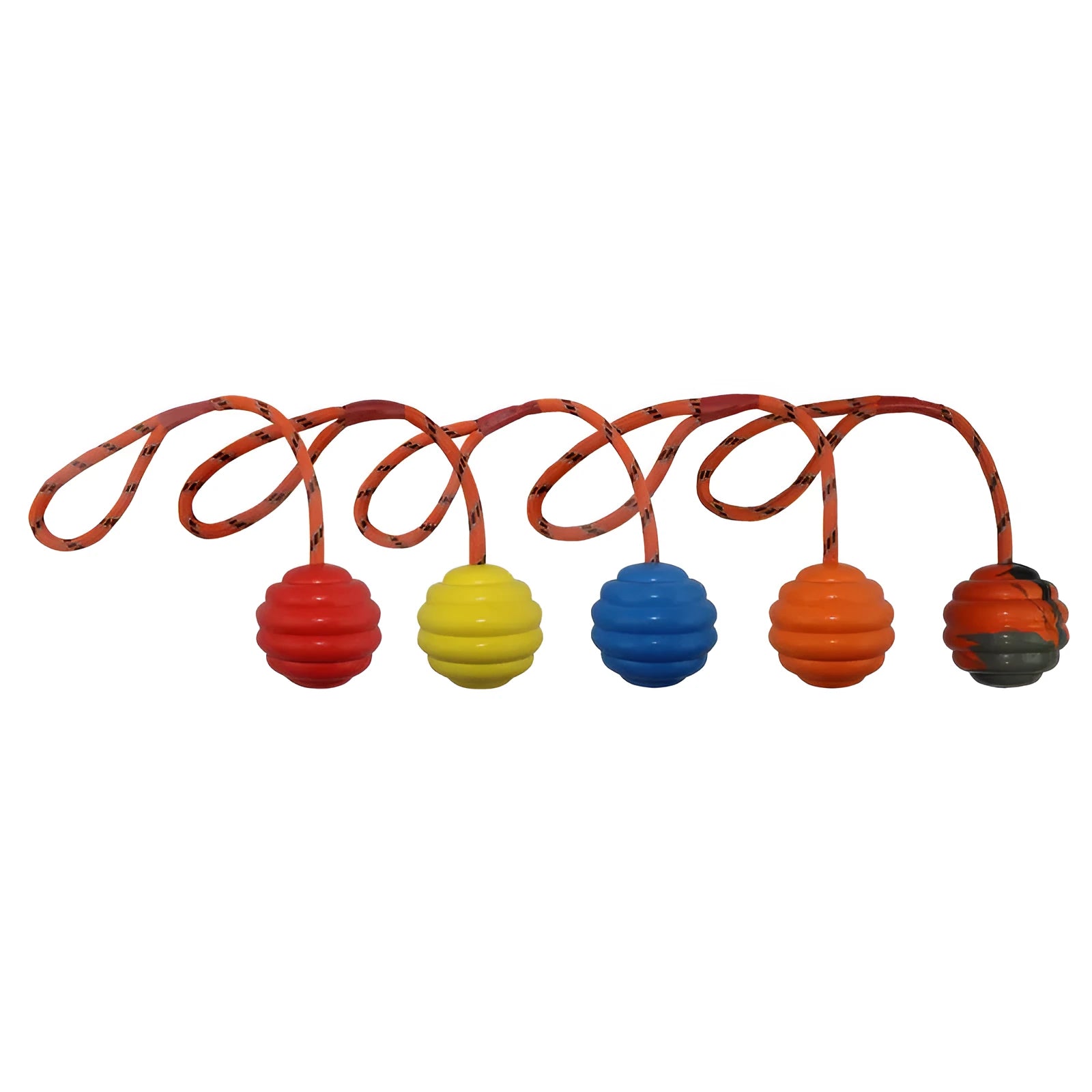 Rubber dog toy ball with rope knot in multiple colours including red, orange, yellow and blue