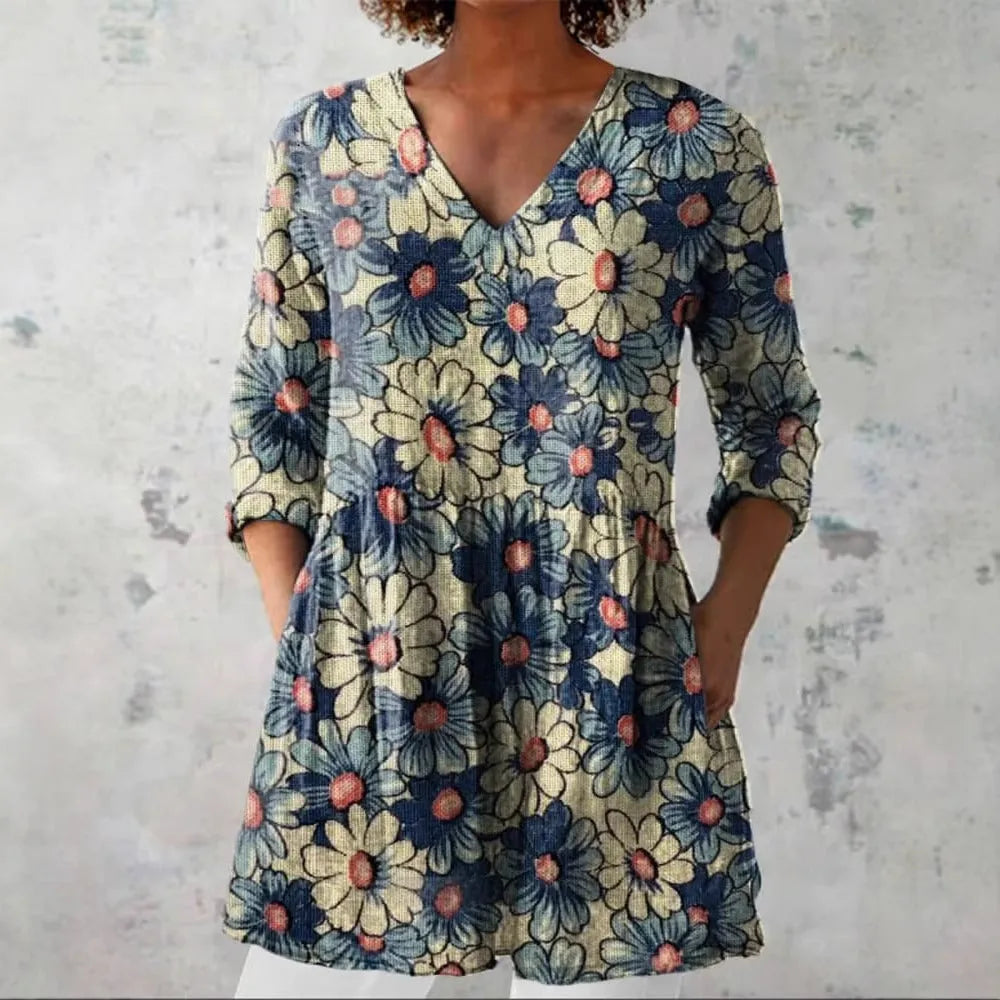 Women's retro print long-sleeved polyester top on a hanger, showing slim fit and detailed digital pattern.