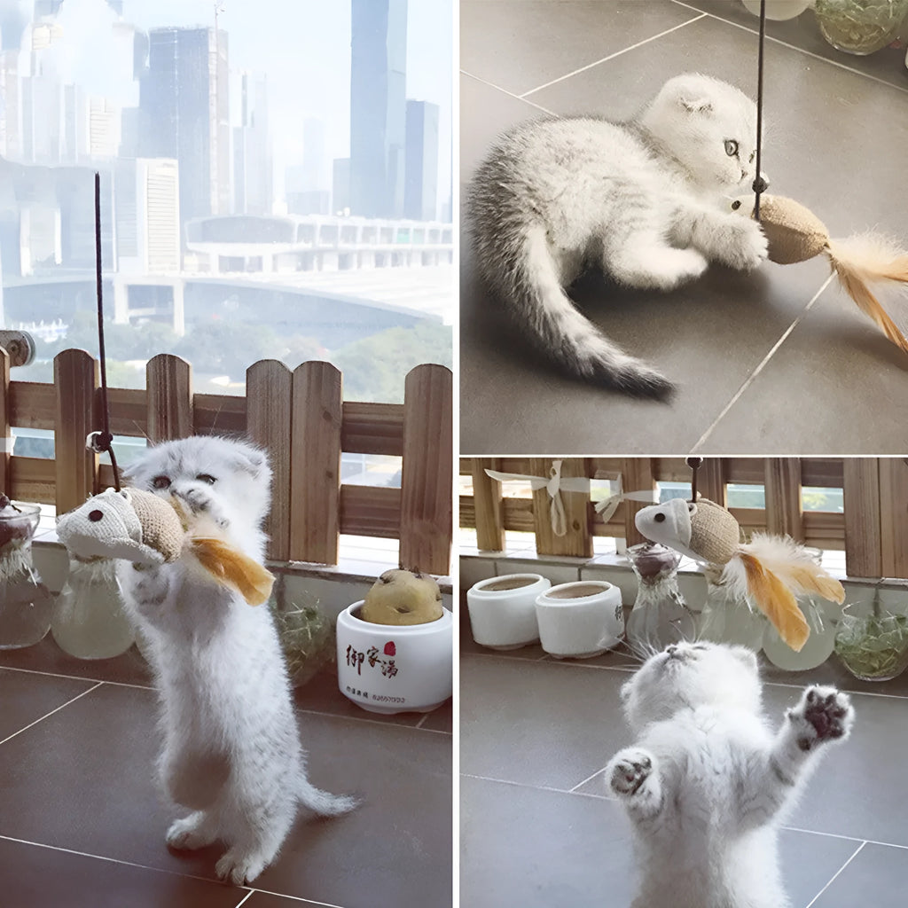 Wooden funny cat stick toy with large feathers and bell for interactive cat play