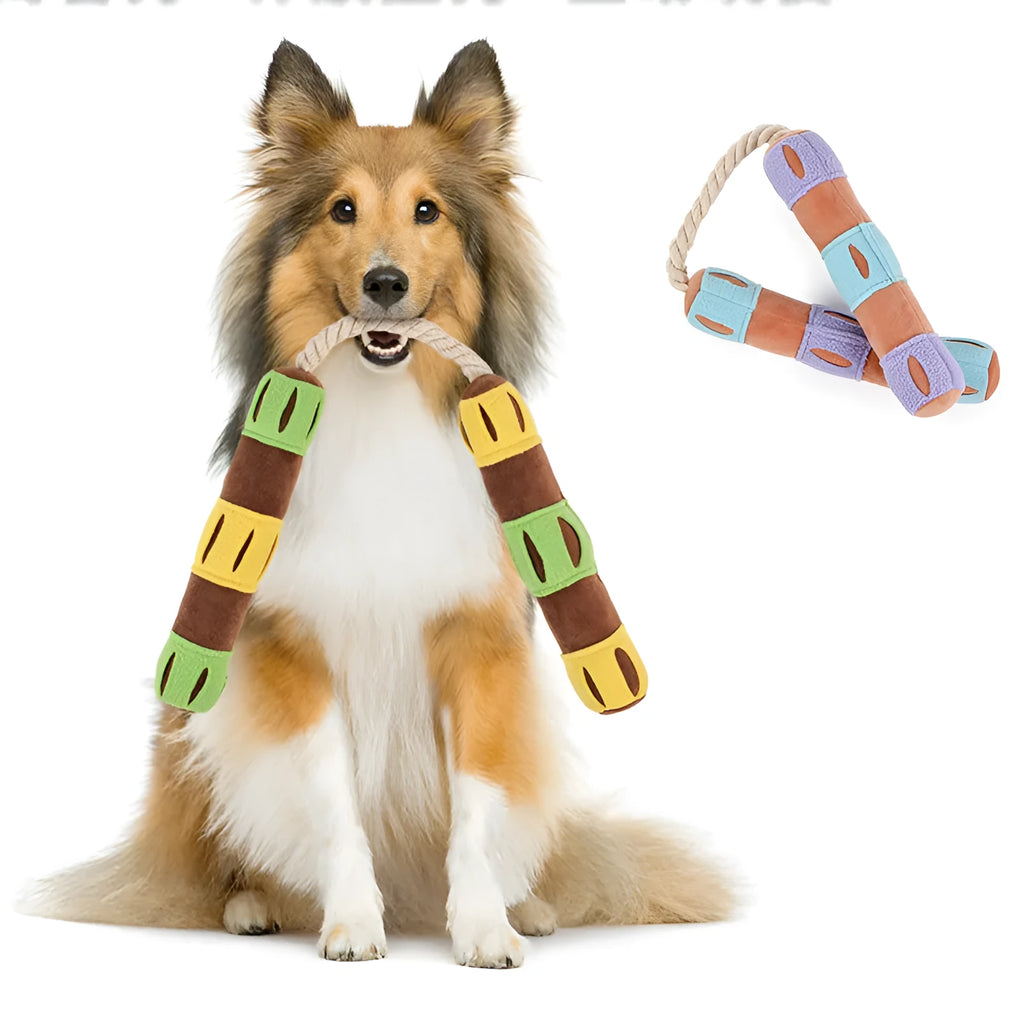 Purple and yellow interactive dog snuffle toy with sound pad and foraging pockets