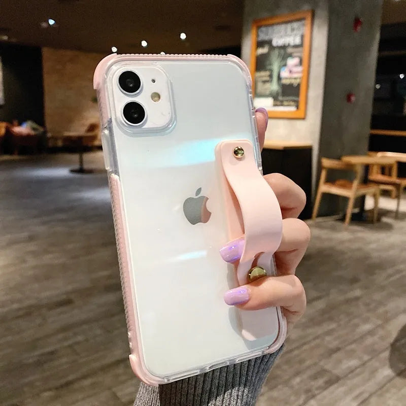 Clear two-tone silicone phone case with a built-in stand, shown in various colours.